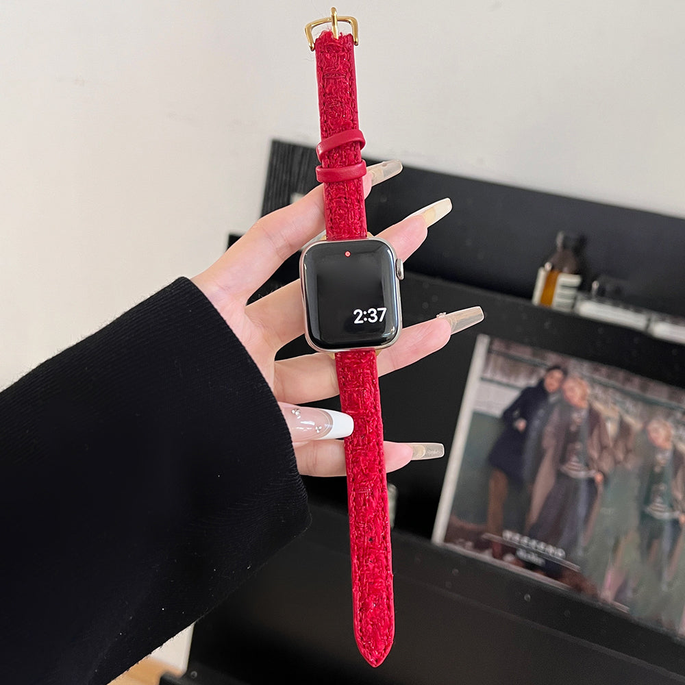 For Apple Watch Series 9 8 7 41mm / 6 5 4 SE (2023) SE (2022) SE 40mm / 3 2 1 38mm Woolen+Leather Watch Band - Red+Gold Buckle For Apple Watch Series 9 8 7 41mm / 6 5 4 SE (2023) SE (2022) SE 40mm / 3 2 1 38mm Woolen+Leather Watch Band - Red+Gold Buckle